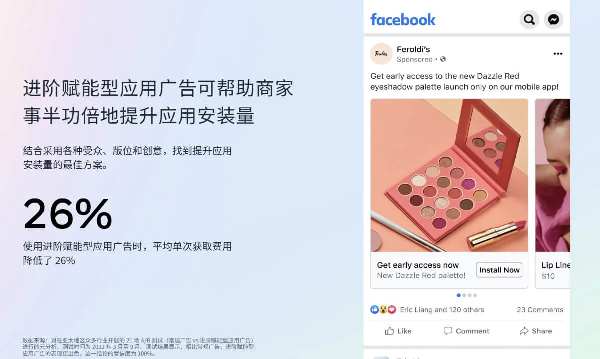 Facebook 广告宣传 Feroldi 的新款 Dazzle Red 眼影盘,并呼吁用户安装移动应用以获得抢先体验。该广告声称,使用高级应用广告可以将应用安装量提高 50%,并将每次安装成本降低 26%。